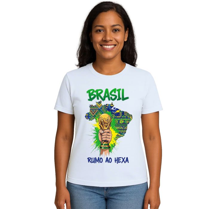 Camiseta Brasil Rumo ao Hexa Taça Estampa Personalizada