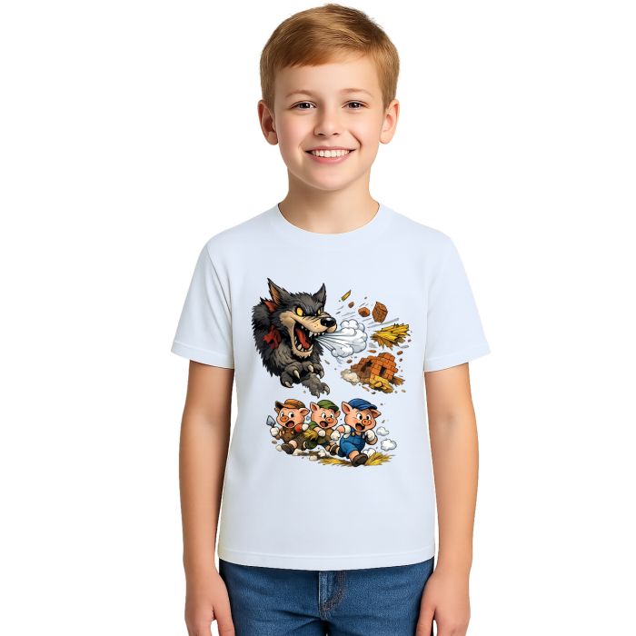 Camiseta Lobo Mau e Três Porquinhos Correndo Personalizada
