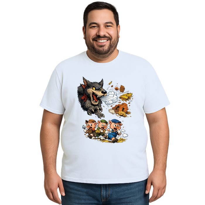 Camiseta Lobo Mau e Três Porquinhos Correndo Personalizada