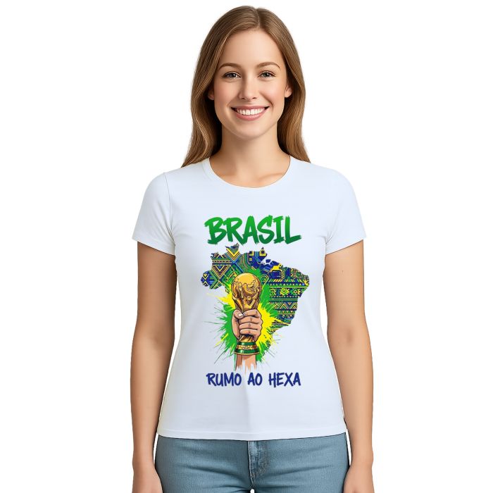 Camiseta Brasil Rumo ao Hexa Taça Estampa Personalizada