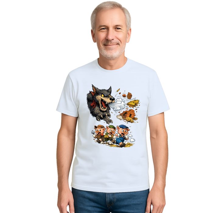 Camiseta Lobo Mau e Três Porquinhos Correndo Personalizada