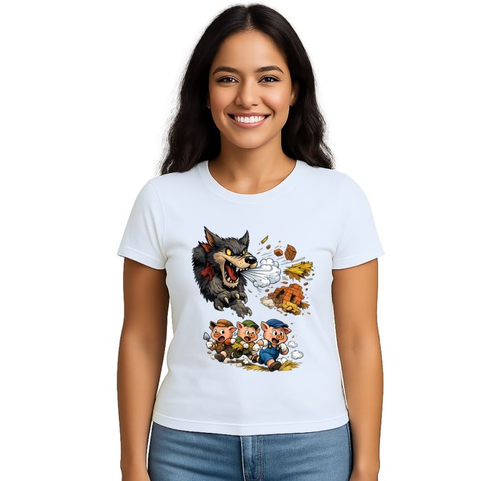 Camiseta Lobo Mau e Três Porquinhos Correndo Personalizada