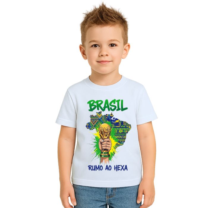 Camiseta Brasil Rumo ao Hexa Taça Estampa Personalizada