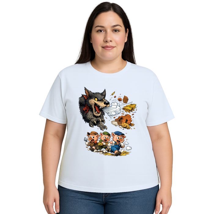 Camiseta Lobo Mau e Três Porquinhos Correndo Personalizada