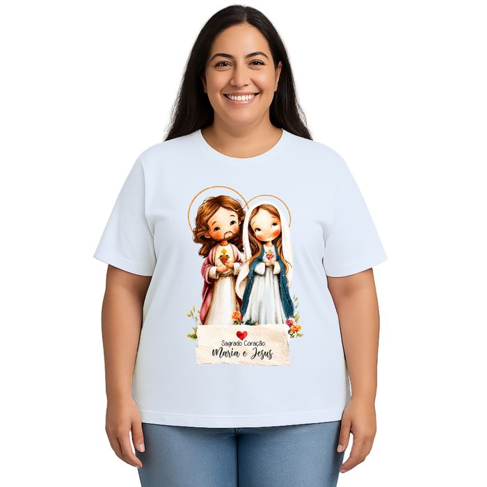Camiseta Maria e Jesus Sagrado Coração Estampa Personalizada