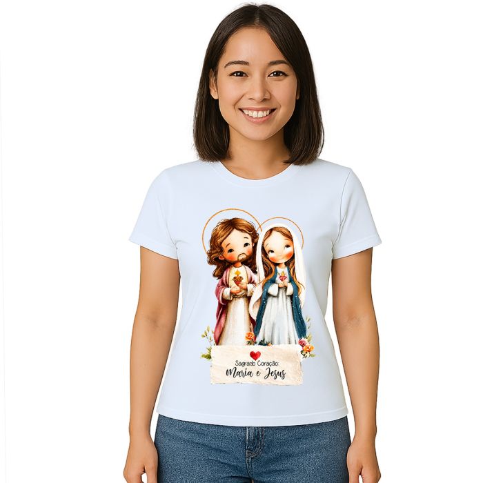 Camiseta Maria e Jesus Sagrado Coração Estampa Personalizada