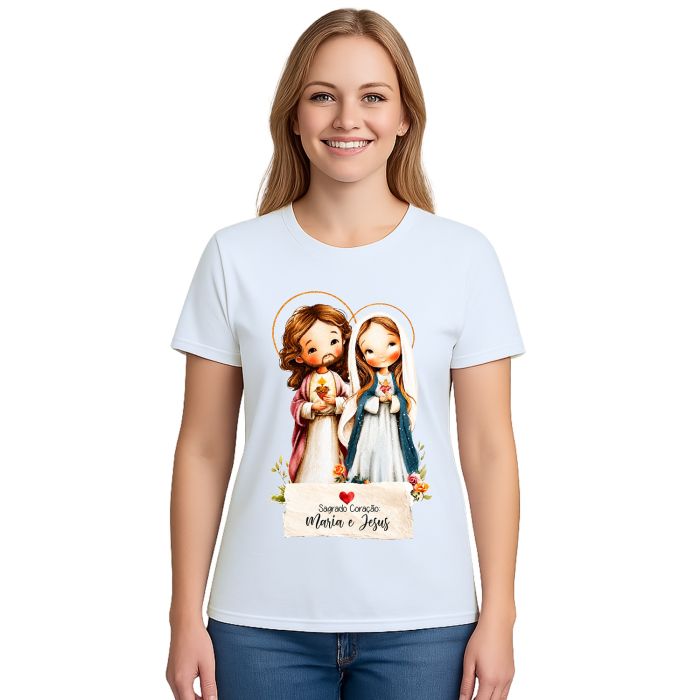 Camiseta Maria e Jesus Sagrado Coração Estampa Personalizada