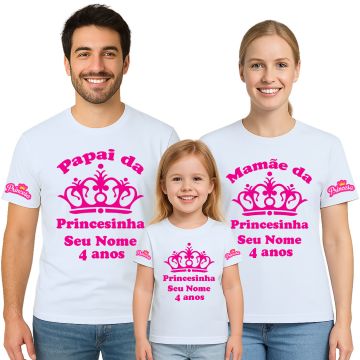 Kit 3 Camisetas Coroa Princesa Aniversário Personalizadas